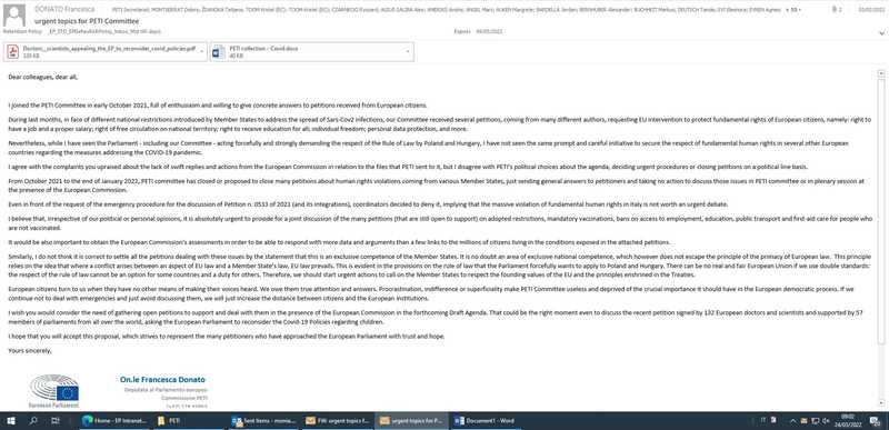 La mia lettera alla Commissione PETI riguardo alle petizioni in tema di Covid-19 (03.02.2022)
